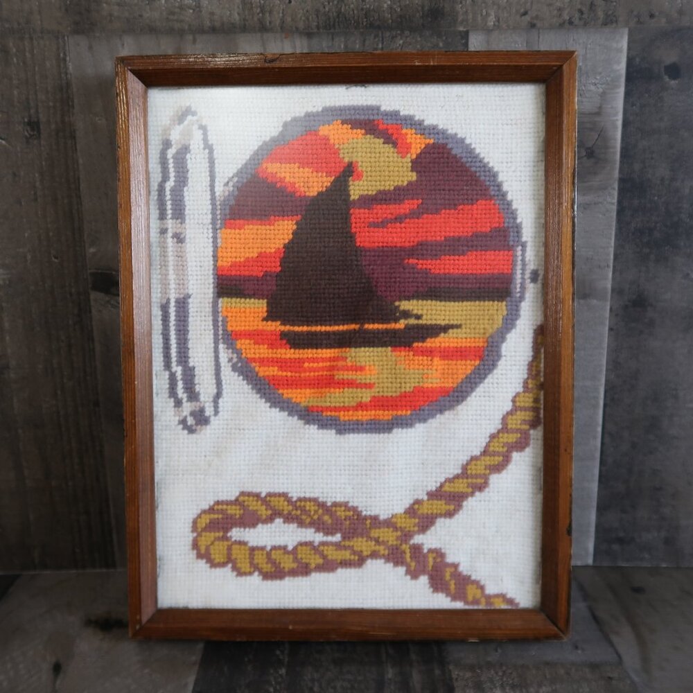Vintage Needlework Nautical Sail Boat Rope Boating Port Hole Framed 60s 70s